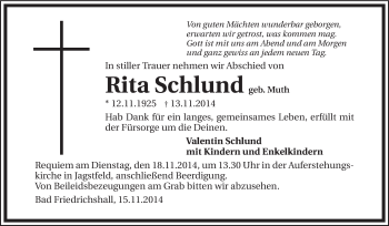 Traueranzeige von RIta Schlund 