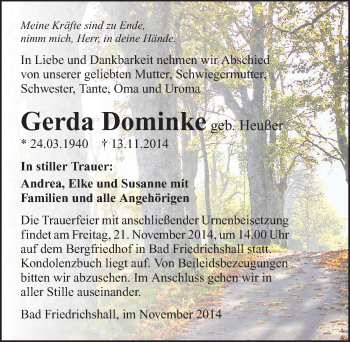 Traueranzeige von Gerda Dominke 