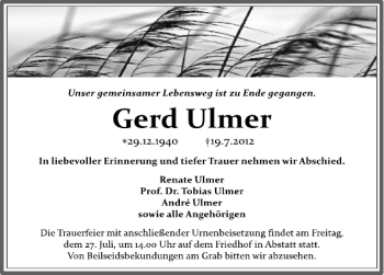 Traueranzeige von Gerd Ulmer 