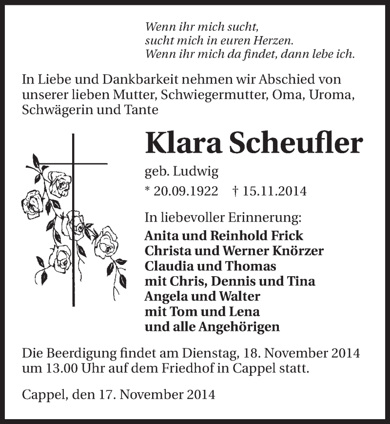  Traueranzeige für Klara Scheufler vom 17.11.2014 aus 