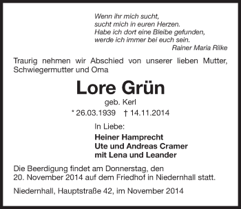 Traueranzeige von Lore Grün 