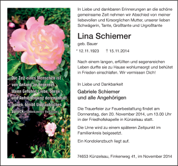 Traueranzeige von Lina Schiemer 