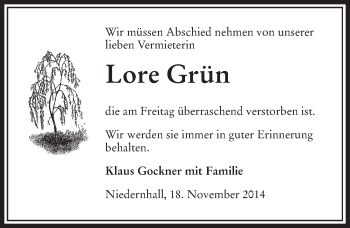 Traueranzeige von Lore Grün 