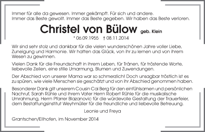  Traueranzeige für Christel von Bülow vom 22.11.2014 aus 