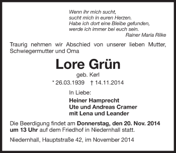 Traueranzeige von Lore Grün 