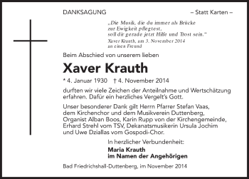 Traueranzeige von Xaver Krauth 