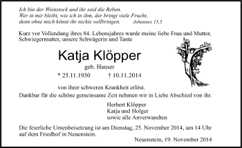 Traueranzeige von Katja Klöpper 