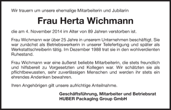 Traueranzeige von Herta Wichmann 