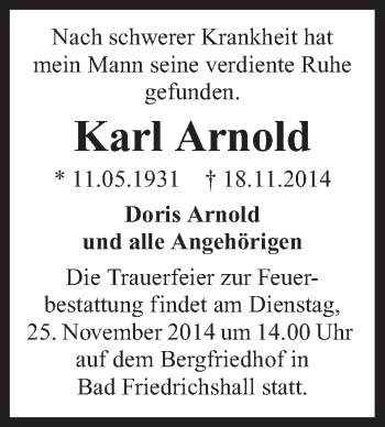 Traueranzeige von Karl Arnold 