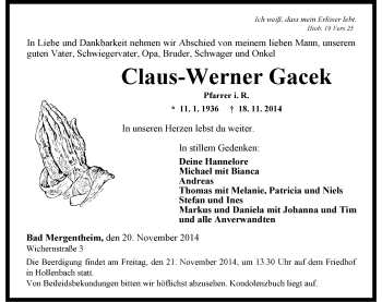 Traueranzeige von Claus-Werner Gacek 