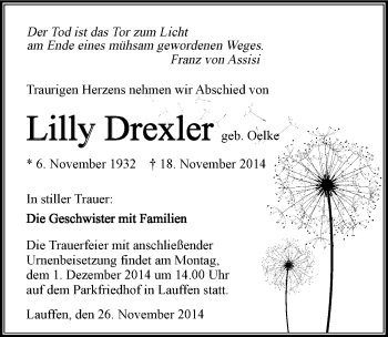 Traueranzeige von Lilly Drexler 