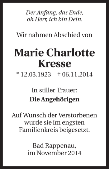 Traueranzeige von MarieCharlotte Kresse 