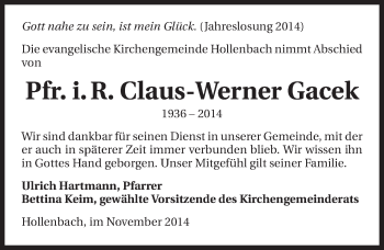 Traueranzeige von Claus-Werner Gacek 