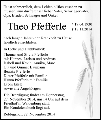 Traueranzeige von Theo Pfefferle 