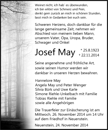 Traueranzeige von Josef May 