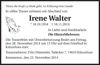 Traueranzeige von Irene Walter 