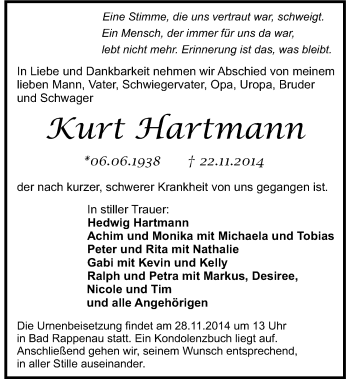 Traueranzeige von Kurt Hartmann 