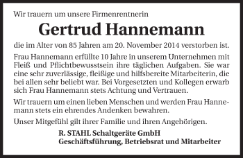 Traueranzeige von Gertrud Hannemann 