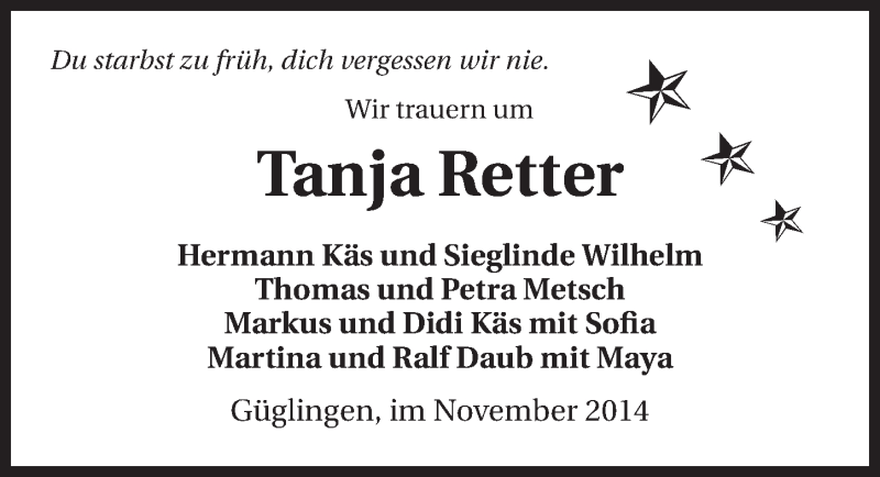  Traueranzeige für Tanja Retter vom 26.11.2014 aus 