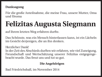 Traueranzeige von Felizitas Augusta Siegmann 