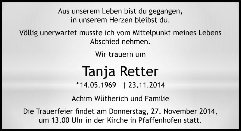 Traueranzeige für Tanja Retter vom 26.11.2014 aus 