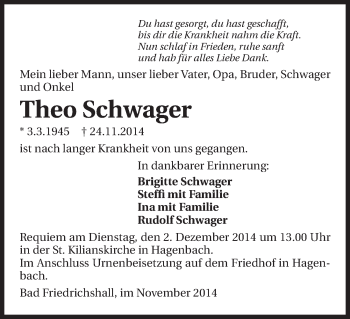 Traueranzeige von Theo Schwager 