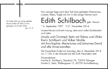 Traueranzeige von Edith Schilbach 
