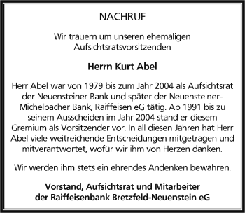 Traueranzeige von Kurt Abel 