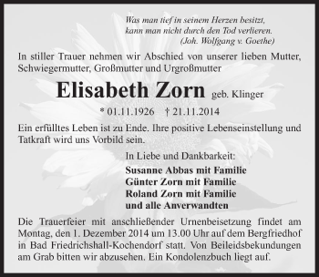 Traueranzeige von Elisabeth Zorn 