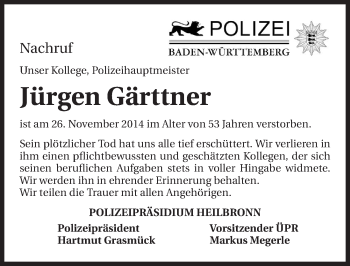 Traueranzeige von Jürgen Gärttner 