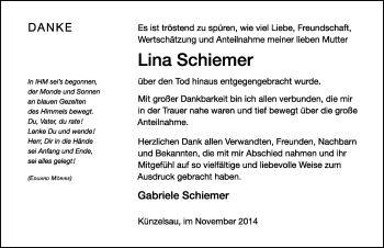 Traueranzeige von Lina Schiemer 