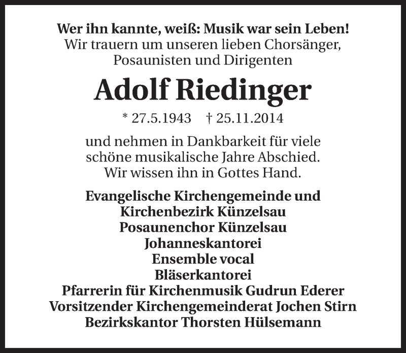  Traueranzeige für Adolf Riedinger vom 28.11.2014 aus 