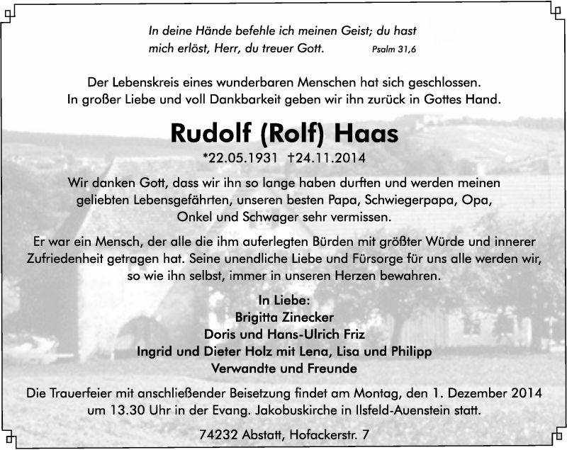  Traueranzeige für Rudolf Haas vom 28.11.2014 aus 