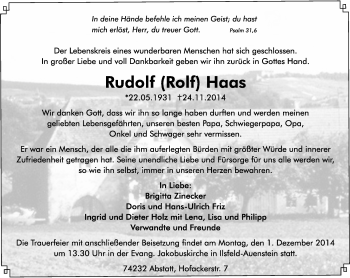 Traueranzeige von Rudolf Haas 