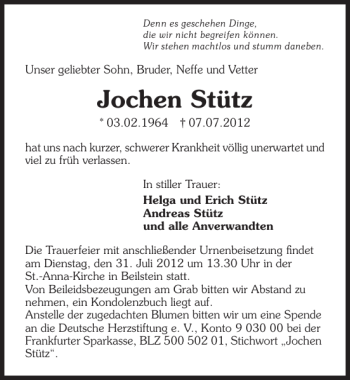 Traueranzeige von Jochen Stütz 