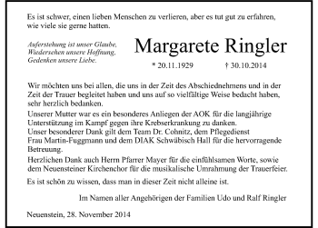 Traueranzeige von Margarete Ringler 