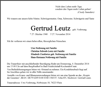 Traueranzeige von Gertrud Leutz 