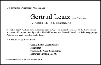 Traueranzeige von Gertrud Leutz 