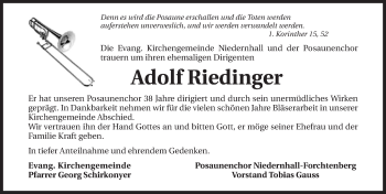 Traueranzeige von Adolf Riedinger 