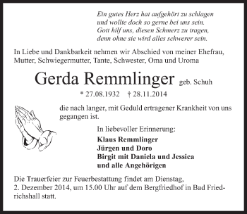 Traueranzeige von Gerda Remmlinger 