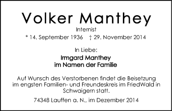 Traueranzeige von Volker Manthey 