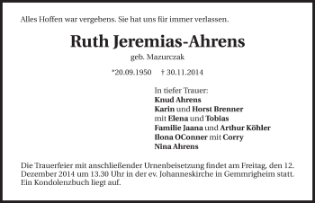 Traueranzeige von Ruth Jeremias-Ahrens 