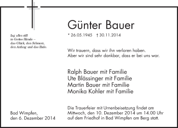 Traueranzeige von Günter Bauer 