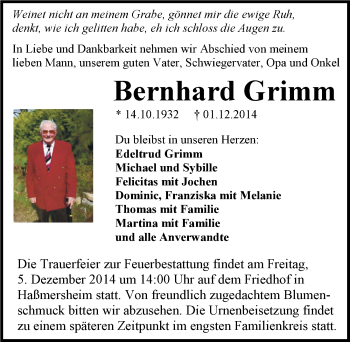 Traueranzeige von Bernhard Grimm 