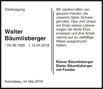 Traueranzeige von Walter Bäumlisberger 