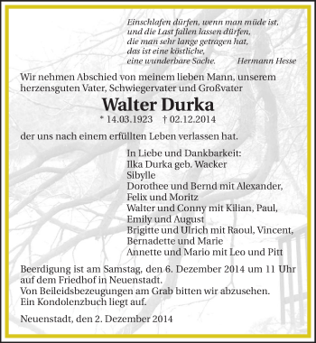 Traueranzeige von Walter Durka 