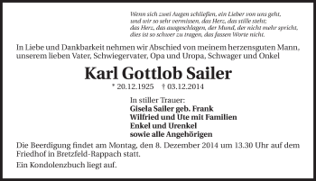 Traueranzeige von Karl Gottlob Sailer 