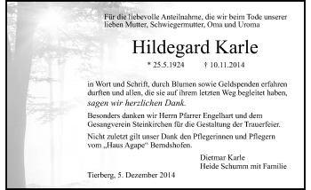 Traueranzeige von Hildegard Karle 