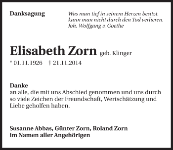 Traueranzeige von Elisabeth Zorn 