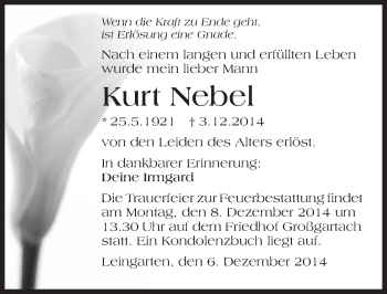 Traueranzeige von Kurt Nebel 